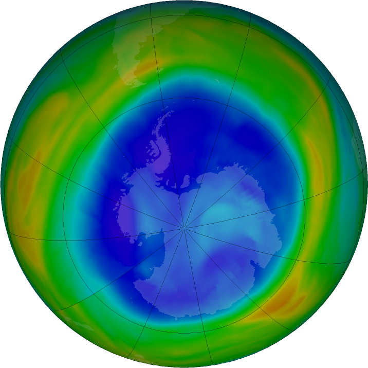Antarctic ozone map for 30 August 2023